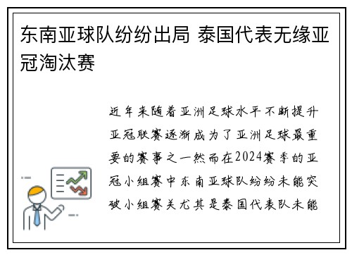 东南亚球队纷纷出局 泰国代表无缘亚冠淘汰赛