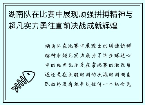 湖南队在比赛中展现顽强拼搏精神与超凡实力勇往直前决战成就辉煌